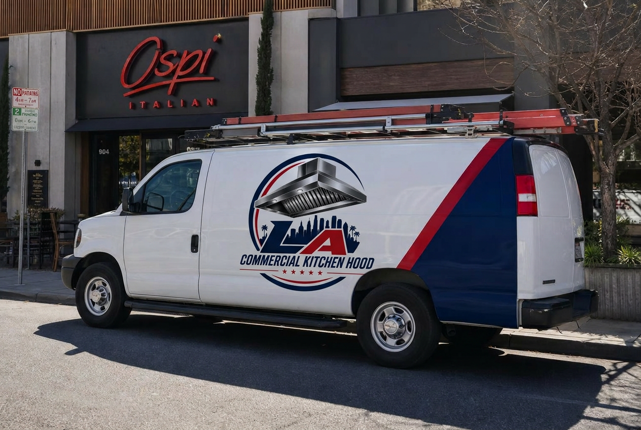 LA Commercial Kitchen Hood service van outside a restaurant
